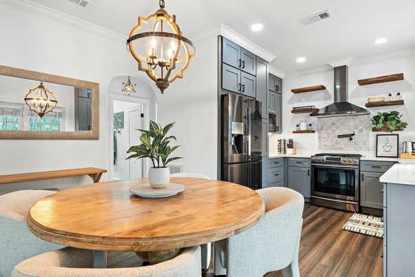 Chandelier, Dining room, Interior, Kitchen, Pendant Lights, Recessed Lighting, Stainless Steel Appliances, Wood Texture Flooring