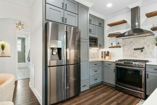 Interior, Kitchen, Recessed Lighting, Stainless Steel Appliances, Wood Texture Flooring