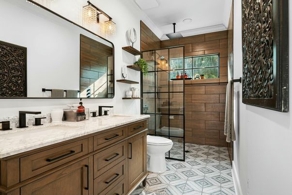 Bathroom, Dual Sink Vanities, Glass Shower, Interior, Recessed Lighting