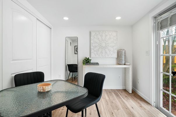 Dining room, Interior, Recessed Lighting, Wood Texture Flooring