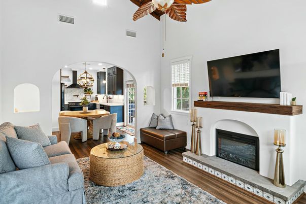 Dining room, Fireplace, Interior, Kitchen, Living room, Pendant Lights, Wood Texture Flooring