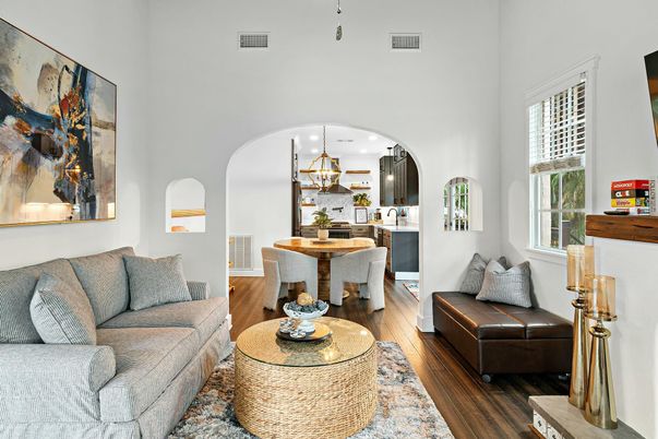Dining room, Interior, Kitchen, Living room, Pendant Lights, Wood Texture Flooring