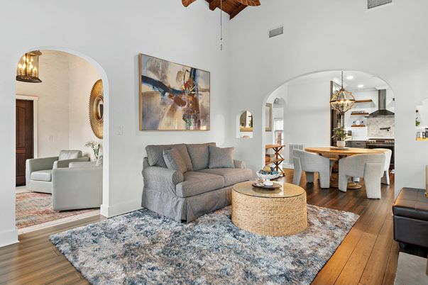 Dining room, Interior, Kitchen, Living room, Pendant Lights, Stainless Steel Appliances, Wood Texture Flooring