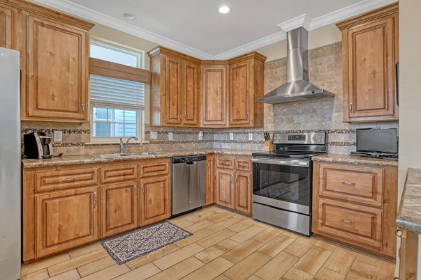 Interior, Kitchen, Recessed Lighting, Stainless Steel Appliances, Wood Texture Flooring