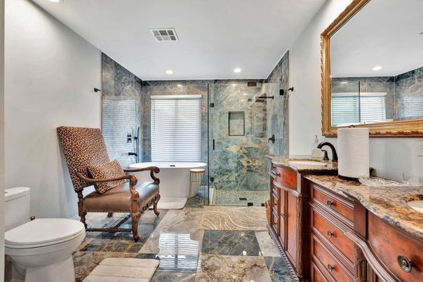 Bathroom, Free Standing Baths, Glass Shower, Interior, Recessed Lighting