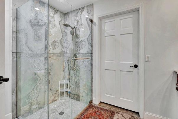 Bathroom, Glass Shower, Interior, Marble Walls, Recessed Lighting