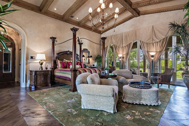 Bedroom, Chandelier, Interior, Recessed Lighting, Wooden Beams, Wood Texture Flooring