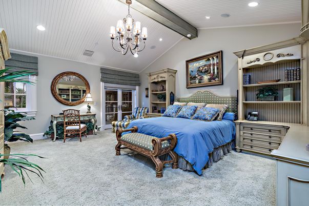 Bedroom, Chandelier, Interior, Recessed Lighting, Wooden Beams