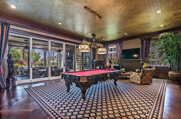 Billiard Table, Game Room, Interior, Pendant Lights, Recessed Lighting, Wood Texture Flooring