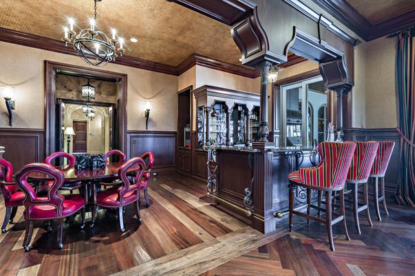 Chandelier, Dining room, Interior, Wood Texture Flooring