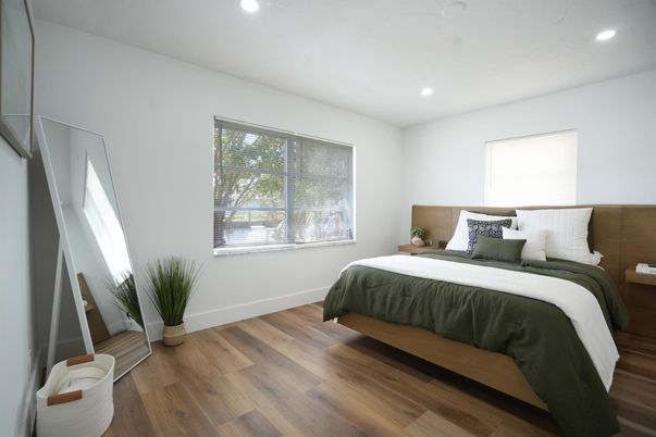 Bedroom, Interior, Recessed Lighting, Wood Texture Flooring