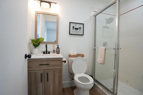 Bathroom, Glass Shower, Interior, Wood Texture Flooring