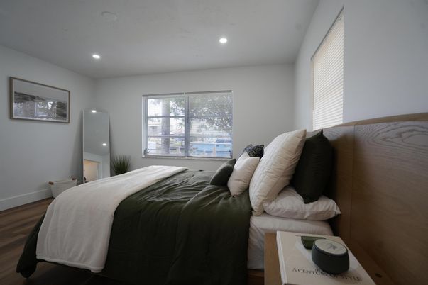 Bedroom, Interior, Recessed Lighting, Wood Texture Flooring