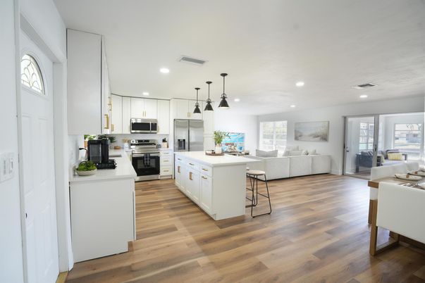 Interior, Kitchen, Living room, Pendant Lights, Recessed Lighting, Stainless Steel Appliances, Wood Texture Flooring