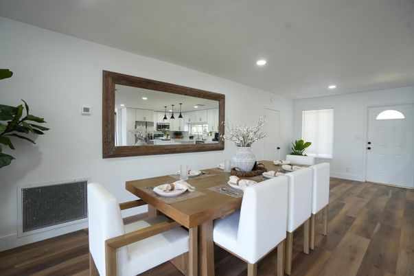 Dining room, Interior, Pendant Lights, Recessed Lighting, Wood Texture Flooring