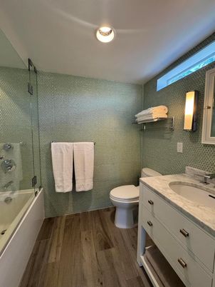 Bathroom, Glass Shower, Interior, Recessed Lighting, Wood Texture Flooring