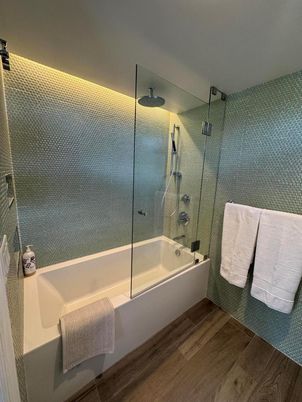 Bathroom, Glass Shower, Interior, Wood Texture Flooring