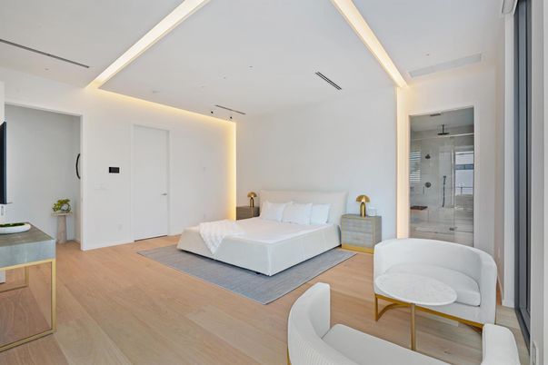 Bathroom, Bedroom, Glass Shower, Interior, Recessed Lighting, Wood Texture Flooring
