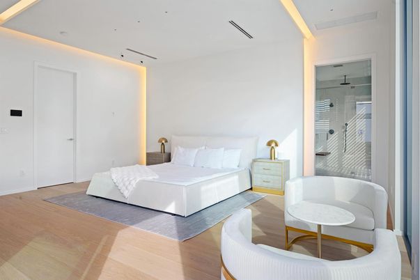 Bathroom, Bedroom, Glass Shower, Interior, Recessed Lighting, Wood Texture Flooring