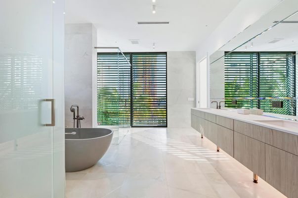 Bathroom, Dual Sink Vanities, Free Standing Baths, Glass Shower, Interior, Recessed Lighting