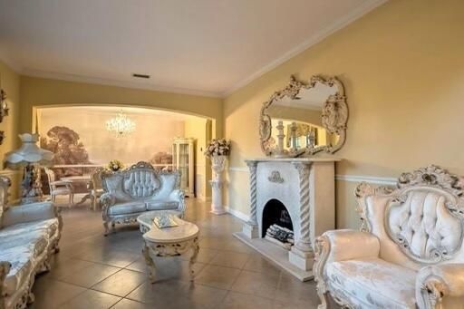 Chandelier, Fireplace, Interior, Living room