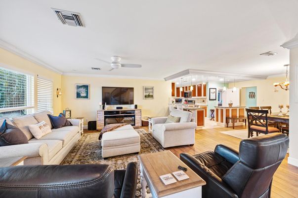 Dining room, Interior, Kitchen, Living room, Pendant Lights, Stainless Steel Appliances, Wood Texture Flooring