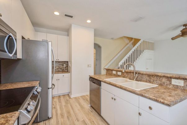 Interior, Kitchen, Recessed Lighting, Wood Texture Flooring