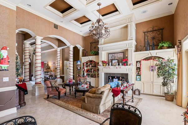 Chandelier, Fireplace, Interior, Living room, Recessed Lighting