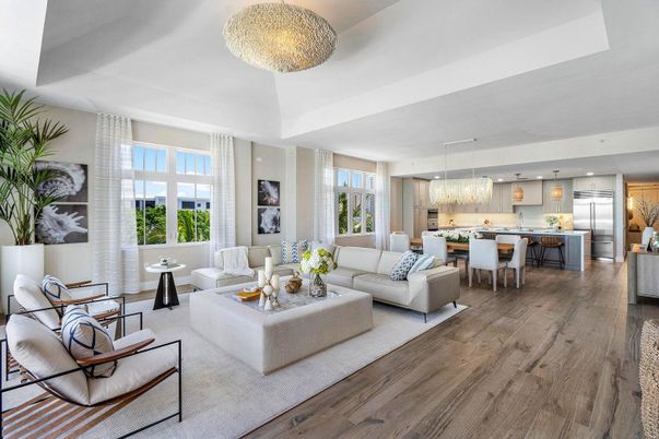 Chandelier, Dining room, Interior, Kitchen, Living room, Recessed Lighting, Stainless Steel Appliances, Wood Texture Flooring