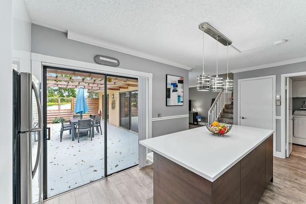 Dining room, Interior, Kitchen, Pendant Lights, Wood Texture Flooring