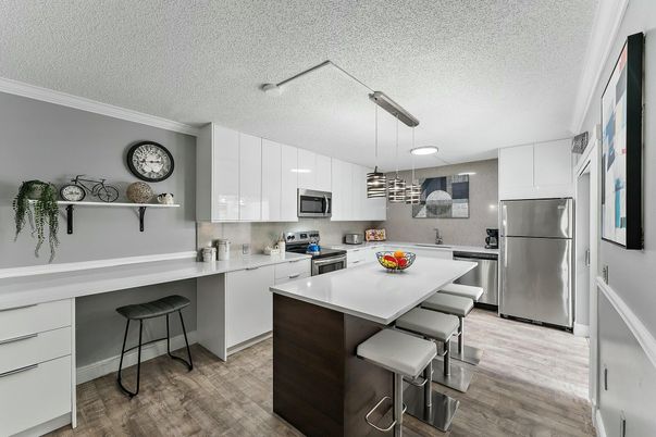 Interior, Kitchen, Pendant Lights, Stainless Steel Appliances, Wood Texture Flooring
