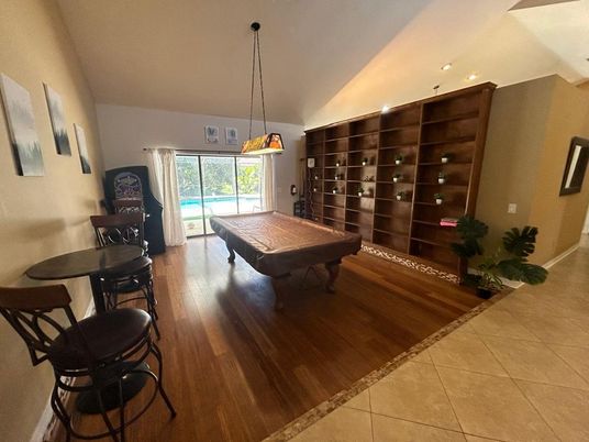 Billiard Table, Game Room, Interior, Pendant Lights, Recessed Lighting, Wood Texture Flooring