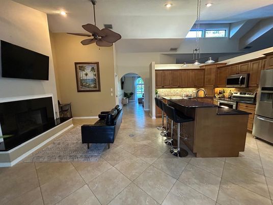 Fireplace, Interior, Kitchen, Recessed Lighting, Stainless Steel Appliances