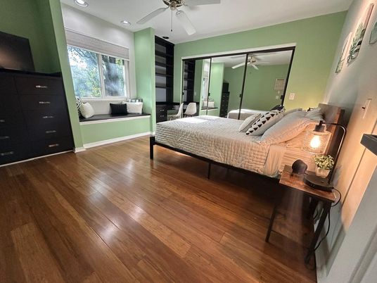 Bedroom, Interior, Recessed Lighting, Wood Texture Flooring