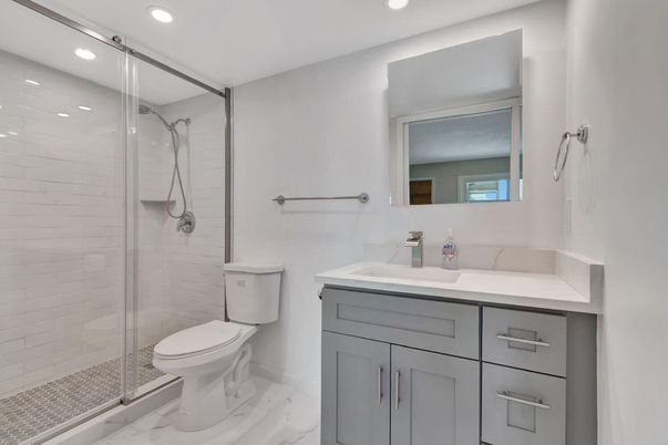 Bathroom, Glass Shower, Interior, Marble, Recessed Lighting