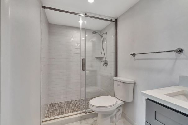 Bathroom, Glass Shower, Interior, Marble, Recessed Lighting