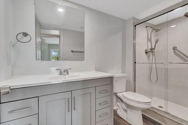Bathroom, Glass Shower, Interior, Recessed Lighting, Wood Texture Flooring