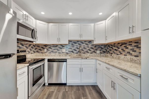 Interior, Kitchen, Recessed Lighting, Stainless Steel Appliances, Wood Texture Flooring
