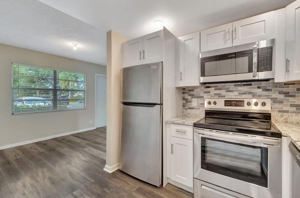 Interior, Kitchen, Stainless Steel Appliances, Wood Texture Flooring
