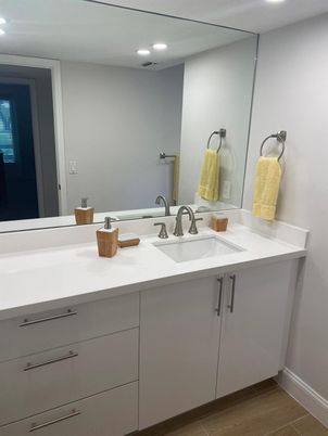 Bathroom, Dual Sink Vanities, Interior, Recessed Lighting, Wood Texture Flooring