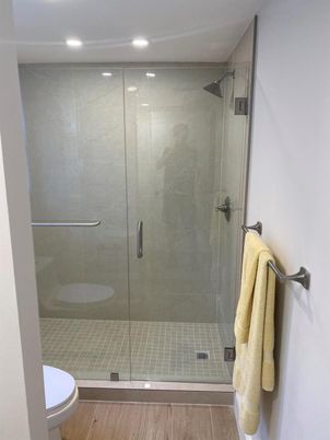 Bathroom, Glass Shower, Interior, Recessed Lighting, Wood Texture Flooring