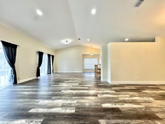 Empty room, Interior, Pendant Lights, Recessed Lighting, Wood Texture Flooring