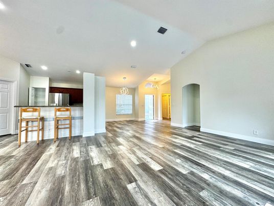 Chandelier, Empty room, Interior, Kitchen, Recessed Lighting, Wood Texture Flooring
