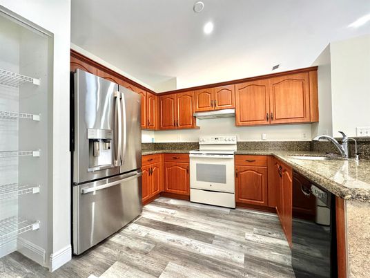 Interior, Kitchen, Recessed Lighting, Stainless Steel Appliances, Wood Texture Flooring