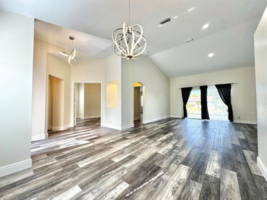 Empty room, Interior, Pendant Lights, Recessed Lighting, Wood Texture Flooring