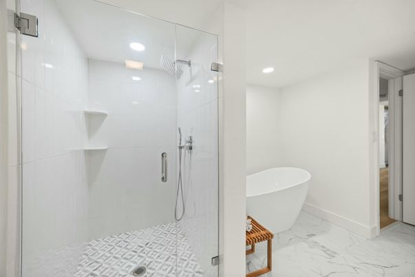 Bathroom, Free Standing Baths, Glass Shower, Interior, Marble, Recessed Lighting