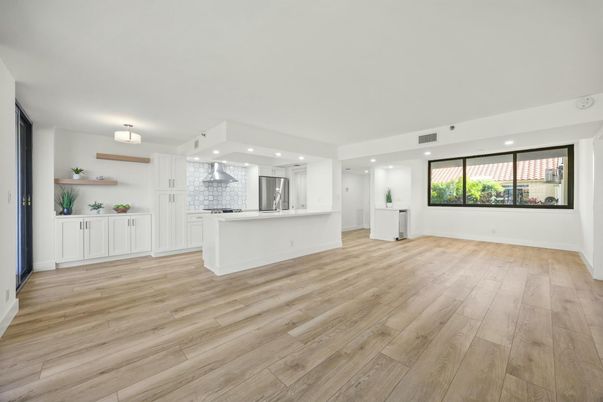 Empty room, Interior, Kitchen, Recessed Lighting, Wood Texture Flooring