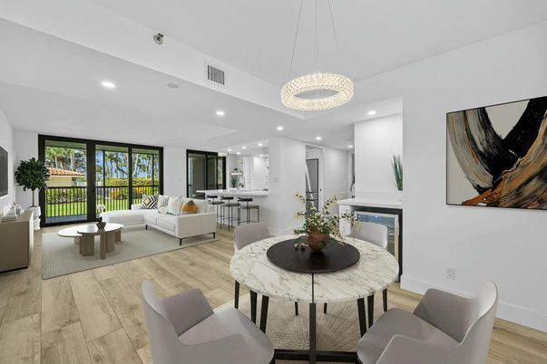Dining room, Fireplace, Interior, Kitchen, Living room, Pendant Lights, Recessed Lighting, Wood Texture Flooring