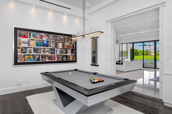 Billiard Table, Game Room, Interior, Pendant Lights, Recessed Lighting, Wood Texture Flooring