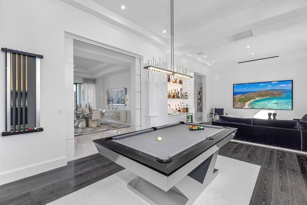 Billiard Table, Game Room, Interior, Pendant Lights, Recessed Lighting, Wood Texture Flooring